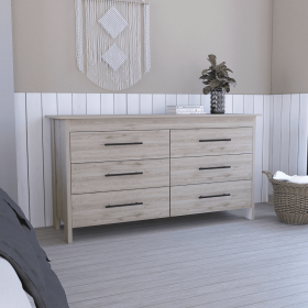 6 Drawer Double Dresser Wezz, Four Legs, Superior Top, Light Gray Finish