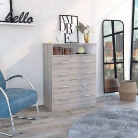 Four Drawer Dresser Wuju, One Shelf, Light Gray / White Finish
