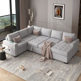 U_Style Sectional Sleeper Sofa with Pull-out Bed and Lounge Chair, USB and Type-C Interfaces, Suitable for Living Room, Office, and Spacious Spaces