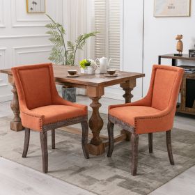 Furniture; Ultra Side Dining Chair;  Thickened fabric chairs with neutrally toned solid wood legs;  Bronze nail head;  Set of 2 (Color: ORANGE)