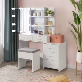 FCH Particleboard Triamine Veneer 5 Pumps 2 Shelves Mirror Cabinet Three Dimming Light Bulb Dressing Table Set White (Color: As shown in the figure)