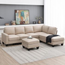 104.3*78.7" Modern L-shaped Sectional Sofa,7-seat Linen Fabric Couch Set with Chaise Lounge and Convertible Ottoman for Living Room,Apartment,Office (Color: Khaki)