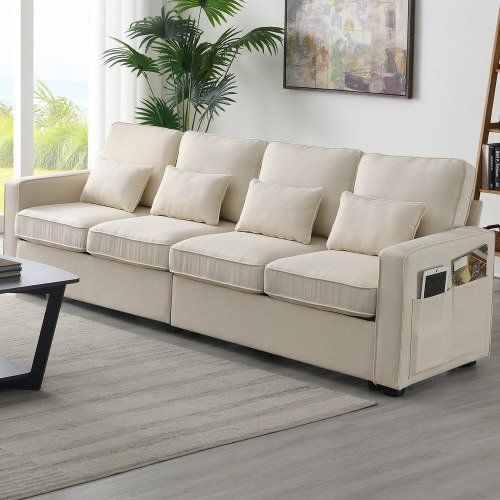 104" 4-Seater Modern Linen Fabric Sofa with Armrest Pockets and 4 Pillows,Minimalist Style Couch for Living Room, Apartment, Office,3 Colors 104" 4-Seater Modern Linen Fabric Sofa with Armrest Pockets and 4 Pillows,Minimalist Style Couch for Living Room, Apartment, Office,3 Colors